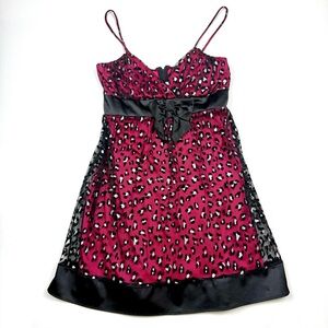 Vtg Y2K Emo McBling Taboo Hot Pink and Black Flocked Glitter Leopard Print Dress